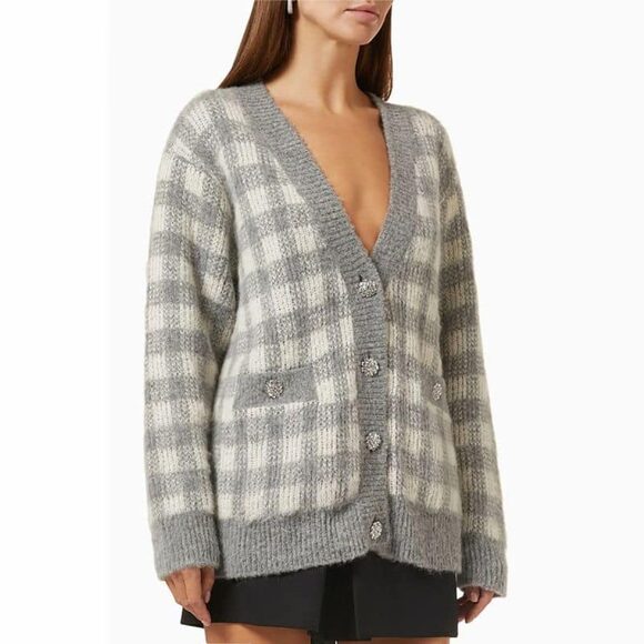 Sandro Ontario Gray and White Plaid Wool Cardigan Sweater Size 4 - Picture 1 of 10